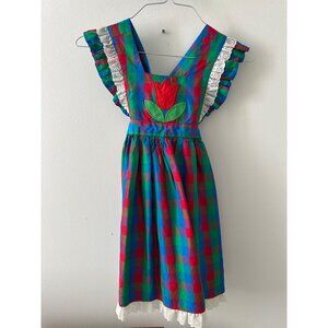 Vintage Ellen Miklas Girls 4 Plaid Pinafore Dress With Tulip Applique Lace Trim